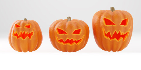 Glowing halloween pumpkin on white background. Three halloween pumpkin of different sizes. Decorations for All Hallows' Eve. 3d  pumpkins in form of jeck lamps. Pumpkins with holes in form of face