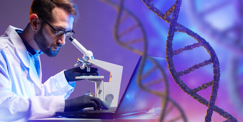 Genetic with a microscope. Male geneticist next to DNA strand. DNA spiral as a symbol of genetic...