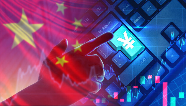 China investment in Japanese economy. Concept - Chinese investment in Japan yen. Purchase of Chinese investor in Japan government bonds. Investment charts near PRC flag and keyboard. - Powered by Adobe