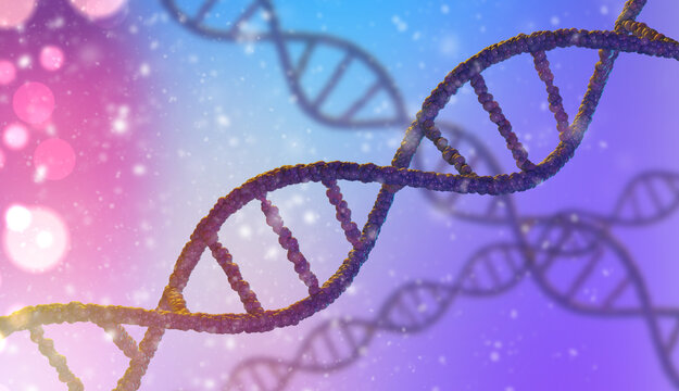 dna background. Purple genetic background. genetic background 3d. Three-dimensional DNA spiral close-up. dna strand made up of purple balls. Texture pattern on topic of genetic research.