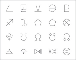 Set of Astrology and zodiac sign line style.  It contains such Icons as planets, asteroids, earth, trine, square, ether, cancer, leo, virgo, libra, aspects and other elements. 