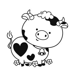 Cute funny cow. Vector hand drawn cartoon illustration icon. Isolated on white background. Cow animal coloring book page concept
