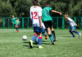 Obraz premium Boys in green sportswear running on pitch. Young footballers dribble and kick football ball in game. Training, active lifestyle, sport 