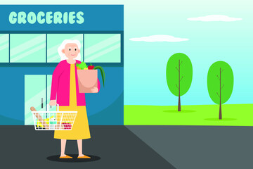 Housekeeping vector concept: Old woman shopping vegetables in groceries while carrying vegetables in shopping bag