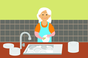 Housekeeping vector concept: Senior woman washing plates in the sink