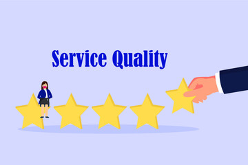 Service quality vector concept: Hand of people giving five stars review while young woman working with laptop