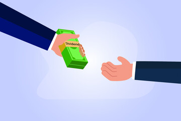 Dividends vector concept: Hands of business people take and give money with dividends text