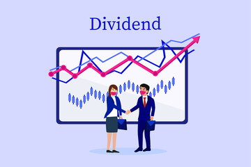 Dividends vector concept: Young businesswoman and man doing business cooperation while shaking hands together