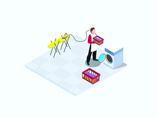Housekeeper vector concept. Male maid wearing apron while washing and ironing clothes in the laundry room