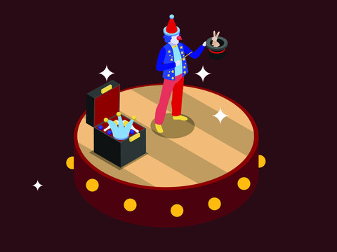 Circus clown vector concept. Funny clown doing magic shows while performing in the circus