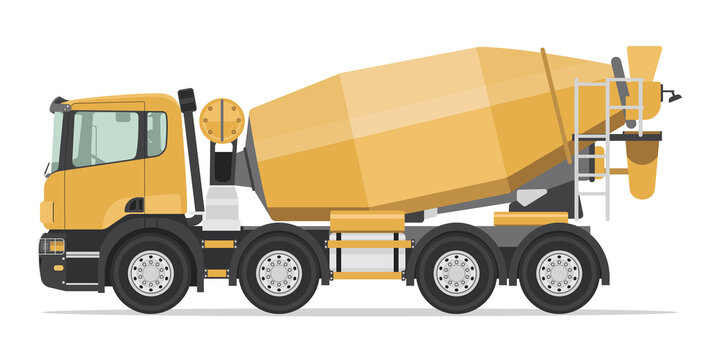 Concrete Mixer Truck Isolated Detailed Vector Illustration Sideview, Heavy Equipment, Construction Vehicles, Machinery