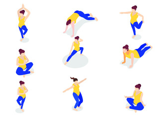 Fototapeta na wymiar Yoga vector concept. Set of young woman characters doing variety yoga poses while wearing sportswear