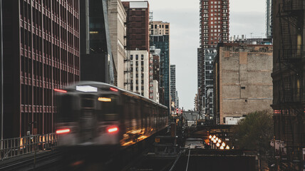 Train L2 Line at night, Chicago, Vintage cityscape of Chicago skyline,