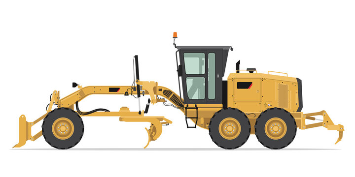 Motor Graders, Isolated Detailed Vector Illustration Sideview, Heavy Equipment, Construction Vehicles, Machinery