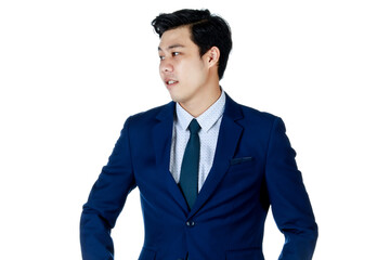 Young attractive asian business man wearing navy blue suit with white shirt and necktie looking confused. White background isolated