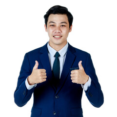 Young attractive asian business man wearing navy blue suit with white shirt and necktie looking confident and put his thumbs up. White background. Isolated