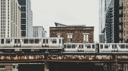 Gordijnen Train subway view at Chicago, Vintage Chicago skyline © Mariana Ianovska