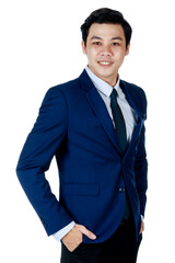 young attractive asian business man wearing navy blue suit with white shirt and necktie turn 45 degree hands in pockets smiling in white background isolated