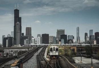 Fotobehang Train subway view at Chicago, Vintage Chicago skyline © Mariana Ianovska