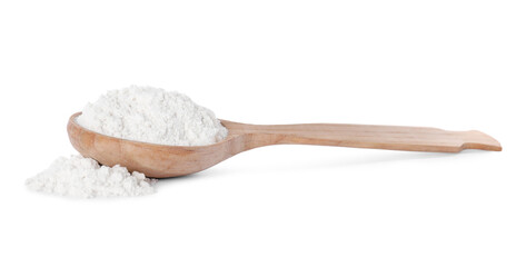 Fototapeta na wymiar Wooden spoon with flour on white background