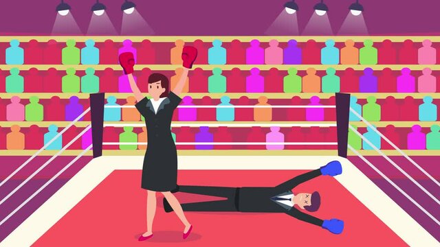 Happy businesswoman beat her rival on boxing ring