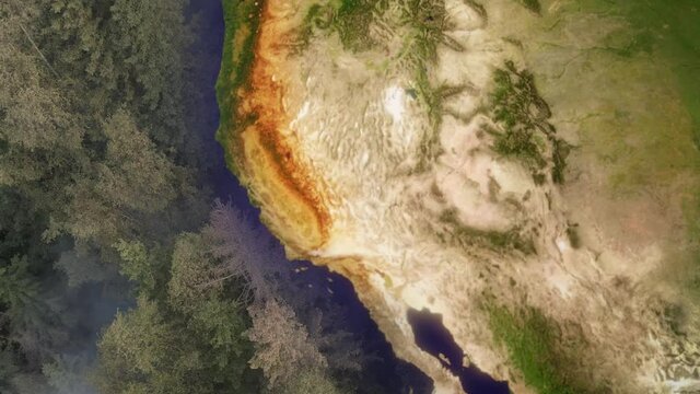 Smoking wildfire forest, split with Map of California, USA - 3D animation - based on public domain NASA image data