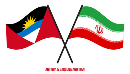 Antigua & Barbuda and Iran Flags Crossed & Waving Flat Style. Official Proportion. Correct Colors.