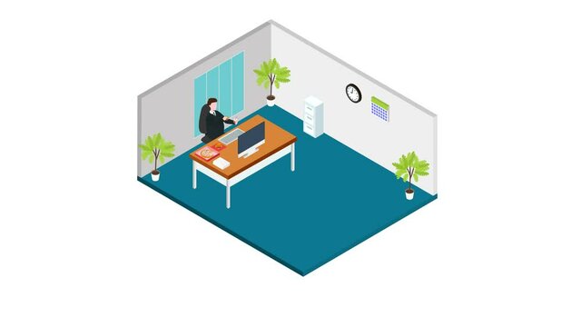 Obese businessman eating burger in office room