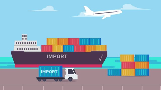 Shipping import containers with upward arrow
