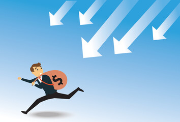 businessman run away from the arrow pointing down. Business failure on coronavirus economy crisis . recession. Financial failure. Economic downturn. Concept of web page design for website and banner