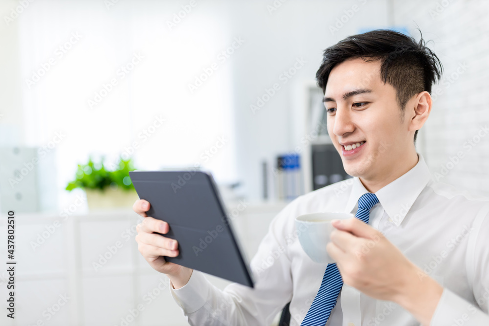 Sticker businessman read news with tablet