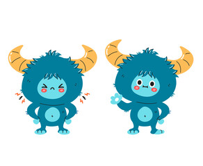 Cute funny sad and happy yeti monster character. Vector hand drawn cartoon kawaii character illustration icon. Isolated on white background. Yeti, Bigfoot baby cartoon character concept