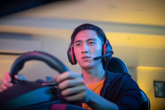 cybersport gamer play car racing