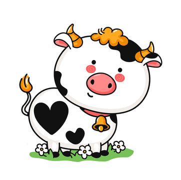 recommend clip art: Cute funny little cow on meadow. Vector hand drawn cartoon kawaii character illustration icon. Isolated on white background. Cow pet doodle character concept