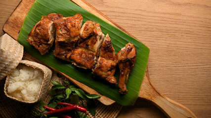 Top view of Thai-Style Grilled Chicken with sticky rice, Thai food