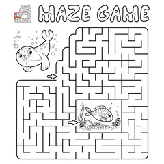 Maze puzzle game for children. Outline maze or labyrinth game with seal.
