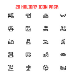 20 icons summer holiday and camp hiking theme.