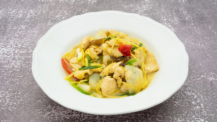 Stir-fried chicken with ginger, delicious Thai food, Thai people loves to eat: chicken, ginger, chili, onion