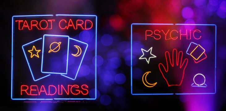 Tarot Card and Psychic Readings Neon Sign Composite Photograph
