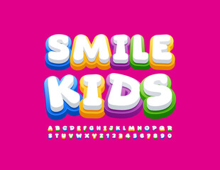 Vector bright banner Smile Kids. Playful cute Font. Creative Alphabet Letters and Numbers set