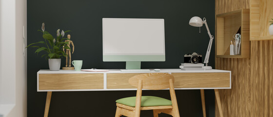 Computer monitor with mock-up screen on wooden desk in stylish home office room, 3D rendering