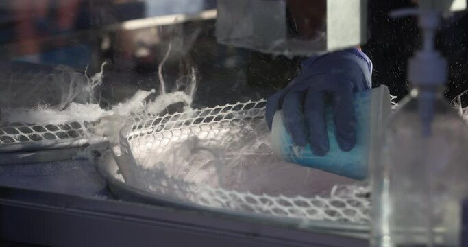 Gloved hand adds sugar to a cotton candy machine then scoops out portion of floss to be bagged slow motion 