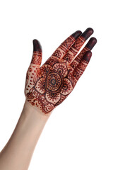 Woman with henna tattoo on palm against white background, closeup. Traditional mehndi ornament