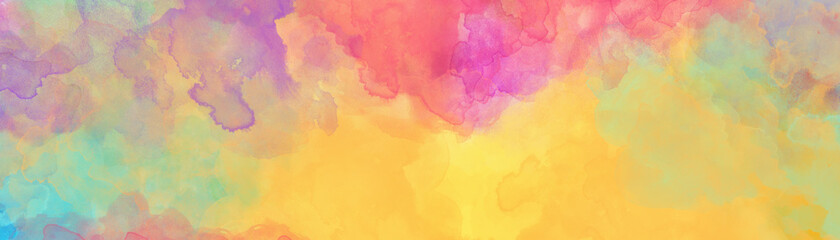 Colorful watercolor background, gold pink purple blue yellow and green colors of a sunset sky painted in abstract watercolor texture blobs