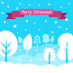 Fototapeta na wymiar Merry Christmas card. White and blue trees layered background, purple ribbon with editable text. Snowdrifts and flying snowflakes. Greeting card. Vector flat style. Illustration for advertising.