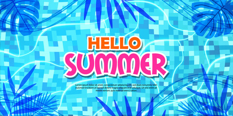 hello summer banner poster pool illustration flat lay relax tropical leaves shadow © andinur