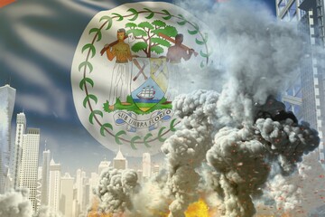big smoke column with fire in abstract city - concept of industrial catastrophe or act of terror on Belize flag background, industrial 3D illustration