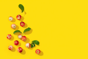 Pattern from small red apples and green leaves with dark shadows on yellow color background.