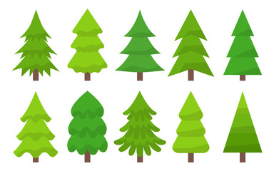 Trees in warm green shades vector flat. Symmetrical Christmas trees in real and abstract shapes. Spruce and pine, fir. Greeting card, winter holidays Christmas, New Year. Wrapping paper for gifts.