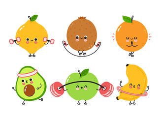 Cute funny fruits make gym set collection. Vector flat line cartoon kawaii character illustration icon. Isolated on white background. Avocado,lemon,orange,apple,kiwi,banana workout character bundle